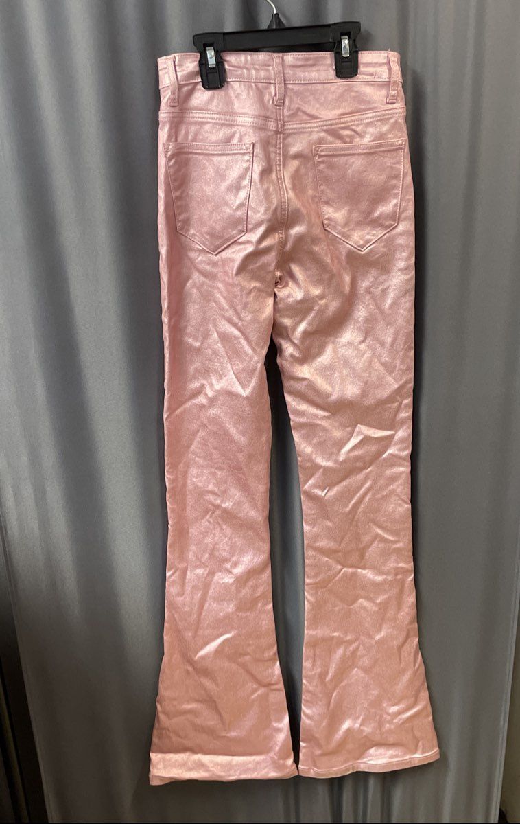 Edikted Women's Pink Shiny Metallic High Rise Flare Pants Sz S