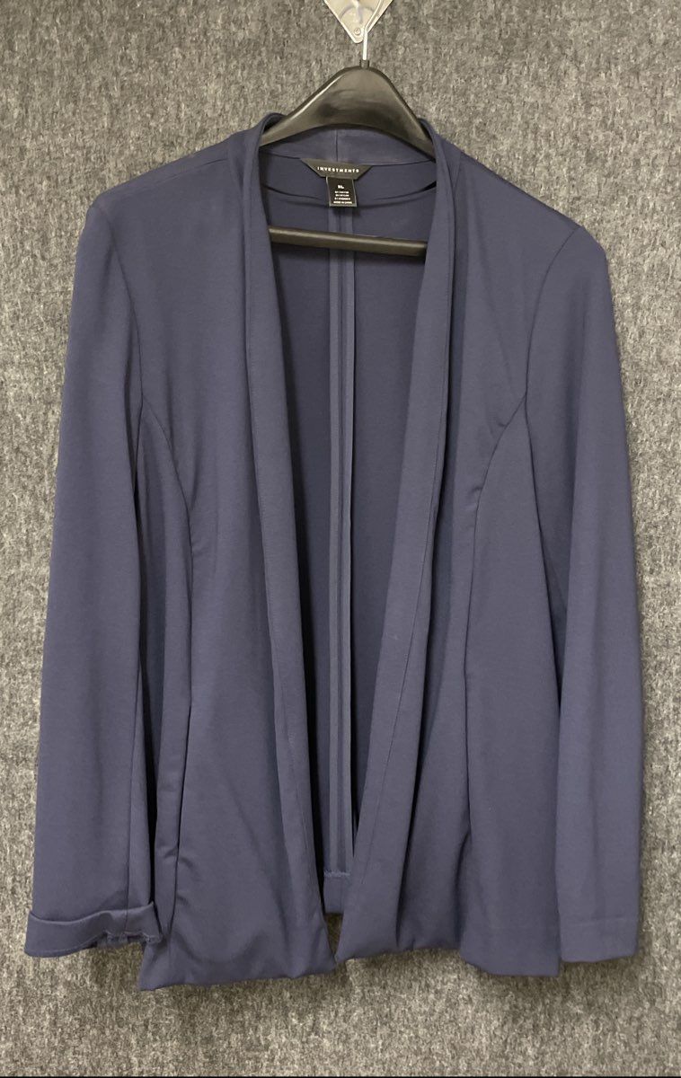 Investments Women's Open Front Jacket Navy Blue Rayon Blend Stretch Sz XL