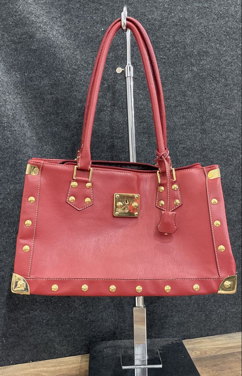 Red Leather Purse Studded Gold Tone Satchel Handbag Tote Vintage Style Bag