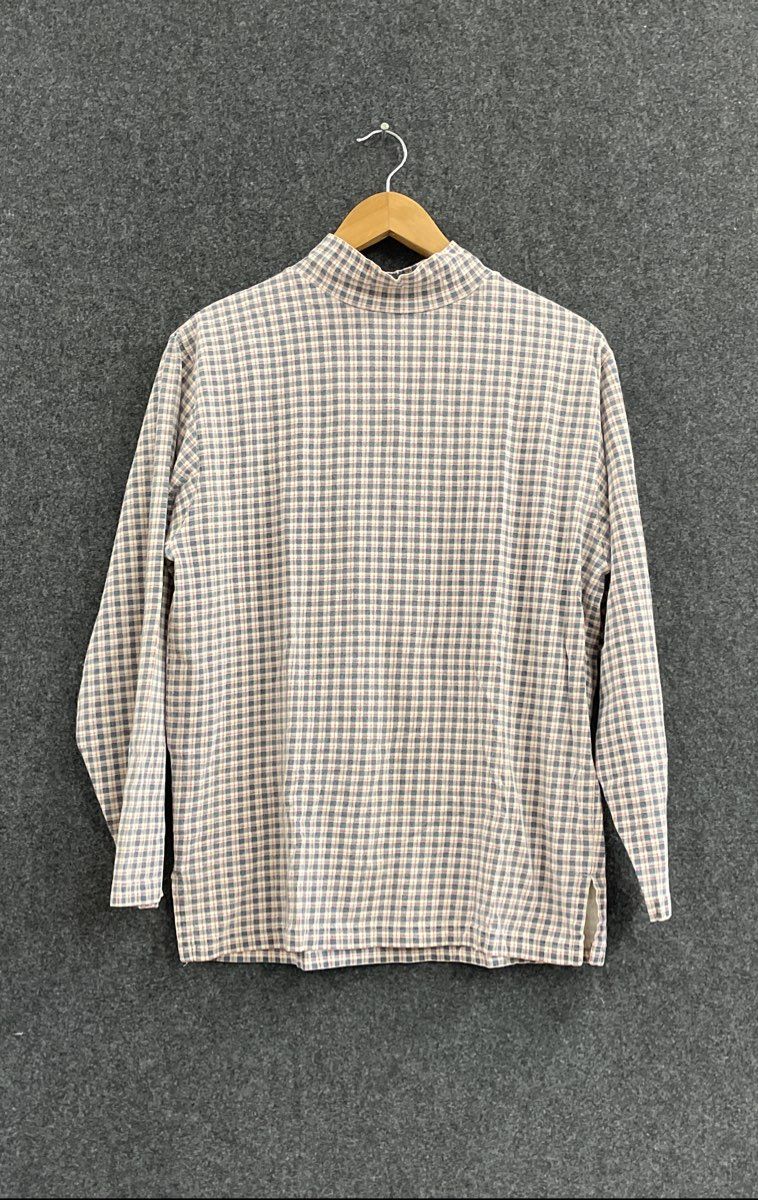 Eddie Bauer Women's Mock Neck Long Sleeve Shirt Blue Pink Plaid Vintage 90s Sz M