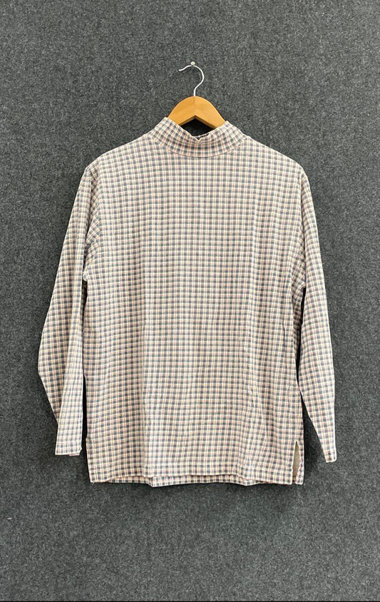 Eddie Bauer Women's Mock Neck Long Sleeve Shirt Blue Pink Plaid Vintage 90s Sz M