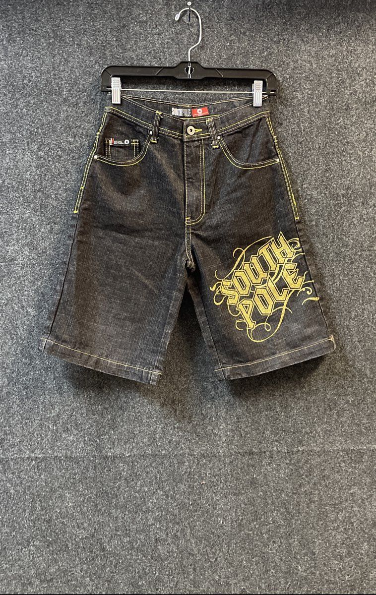 Southpole Boys Black Denim Shorts Gold Contrast Stitch Y2K Hip Hop Sz 10