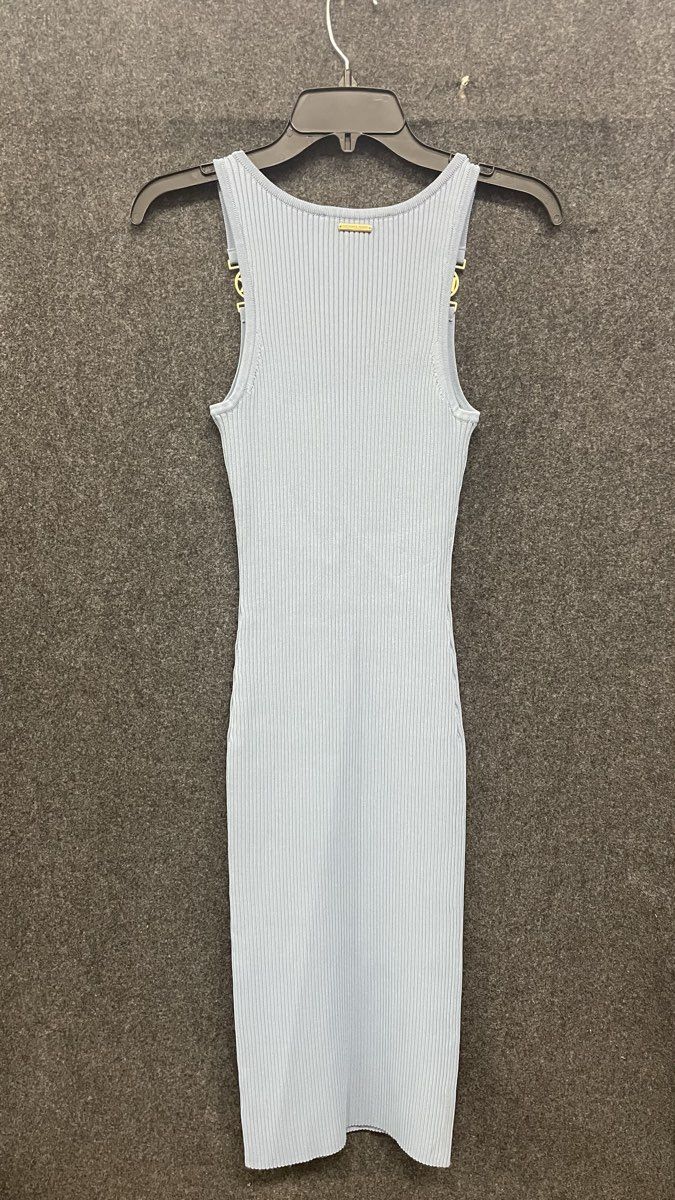 Michael Kors Women's Blue Ribbed Knit Midi Tank Dress Gold Logo Hardware Sz S