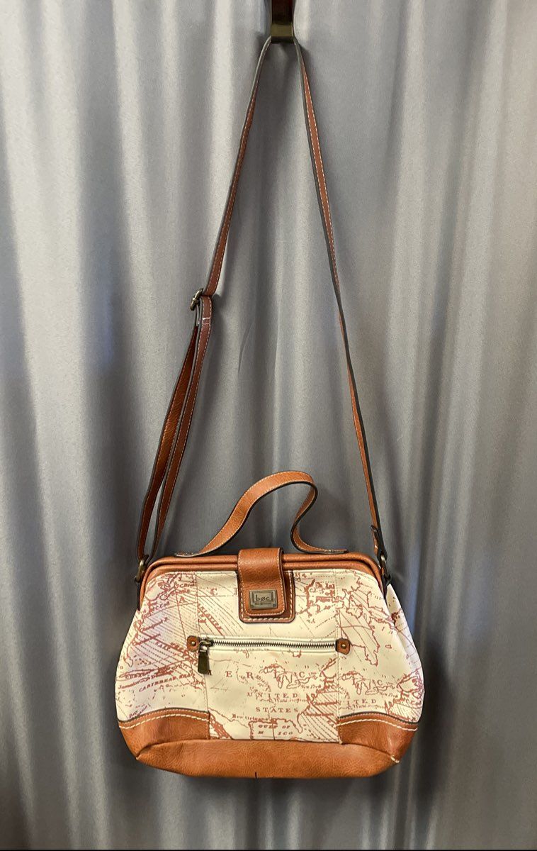 B.O.C. Born Concept Brown Off White Map Print Crossbody Satchel Bag Purse