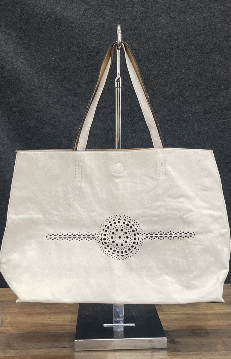 Unbranded White Perforated Laser Cut Large Tote Bag Handbag Gold Interior