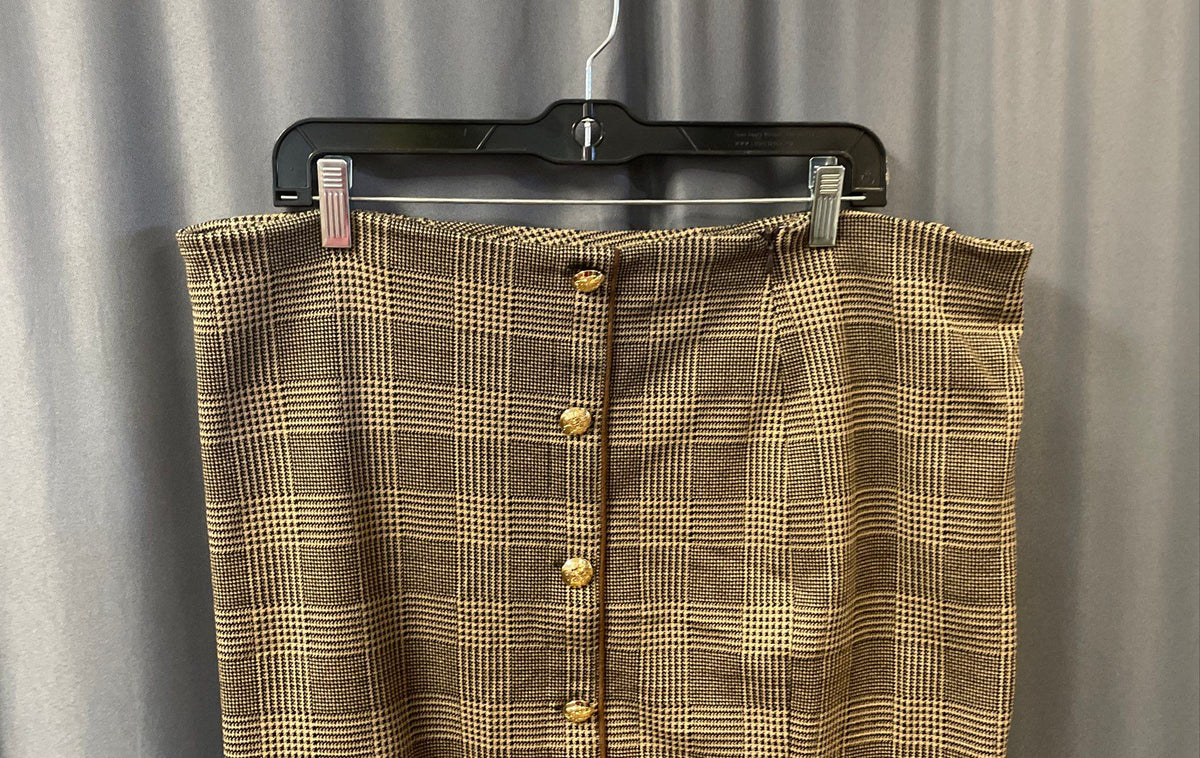 Lauren Ralph Lauren Women's Brown Plaid Gold Crest Button Front Pencil Skirt XL