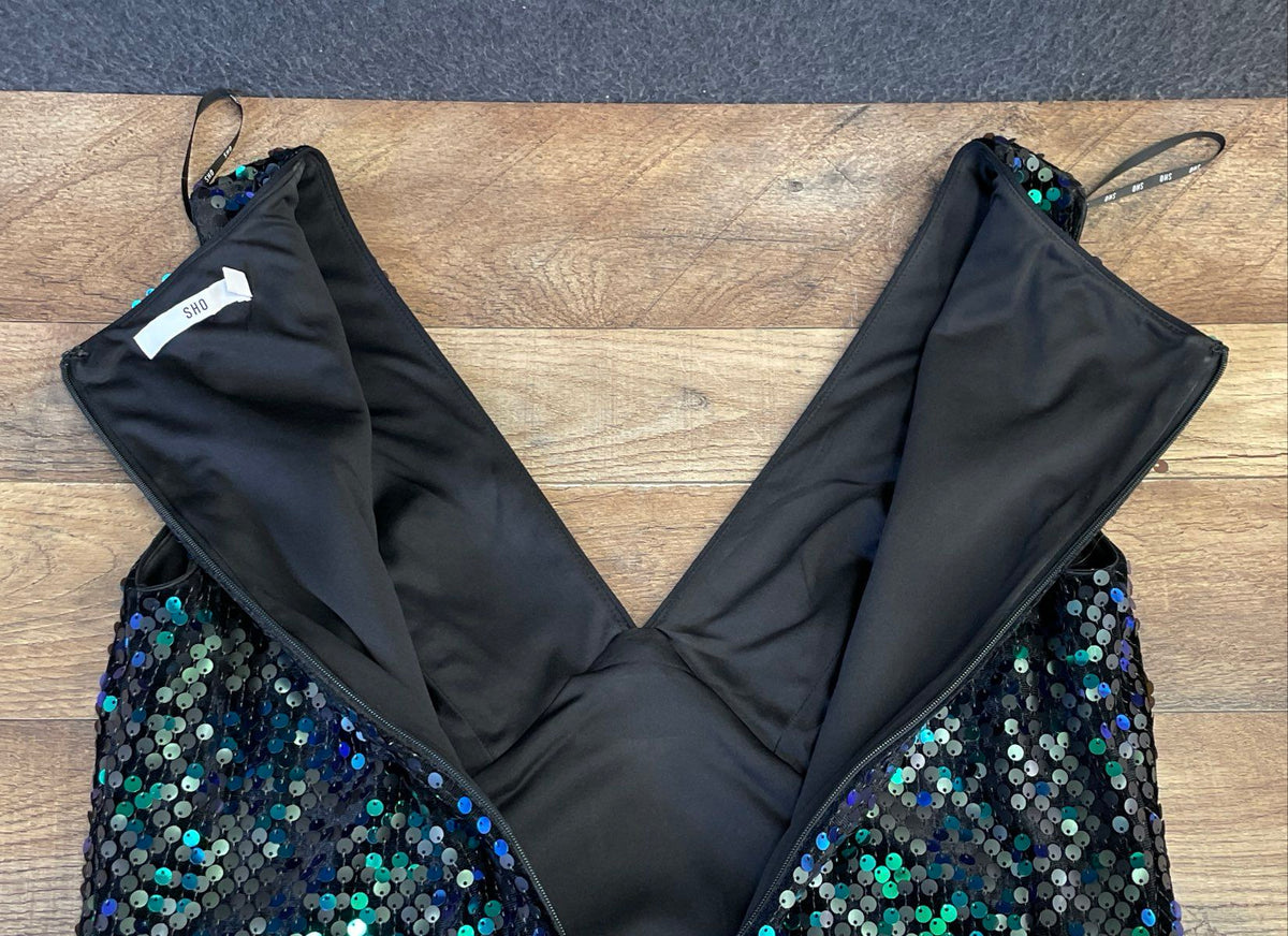 SHO Women's Teal Blue Iridescent Sequin Sleeveless V-Neck Sheath Dress Size L