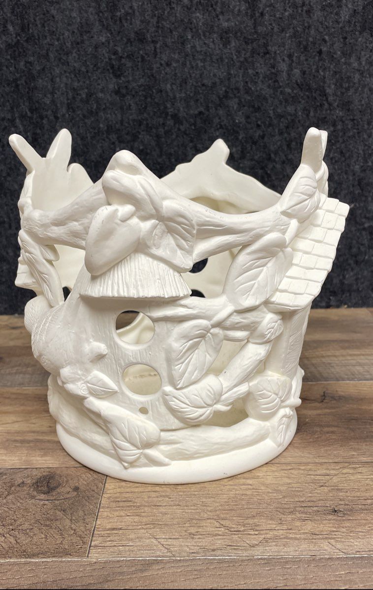 Vintage Bisque Ceramic Votive Candle Holder Birdhouse Birds Branches Openwork