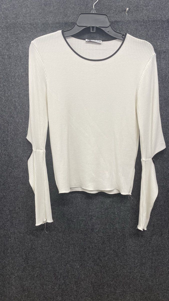Zara Women's White Ribbed Knit Elbow Cutout Long Sleeve Top Black Trim Sz L