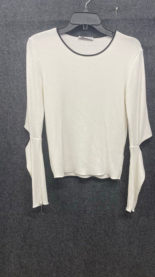 Zara Women's White Ribbed Knit Elbow Cutout Long Sleeve Top Black Trim Sz L