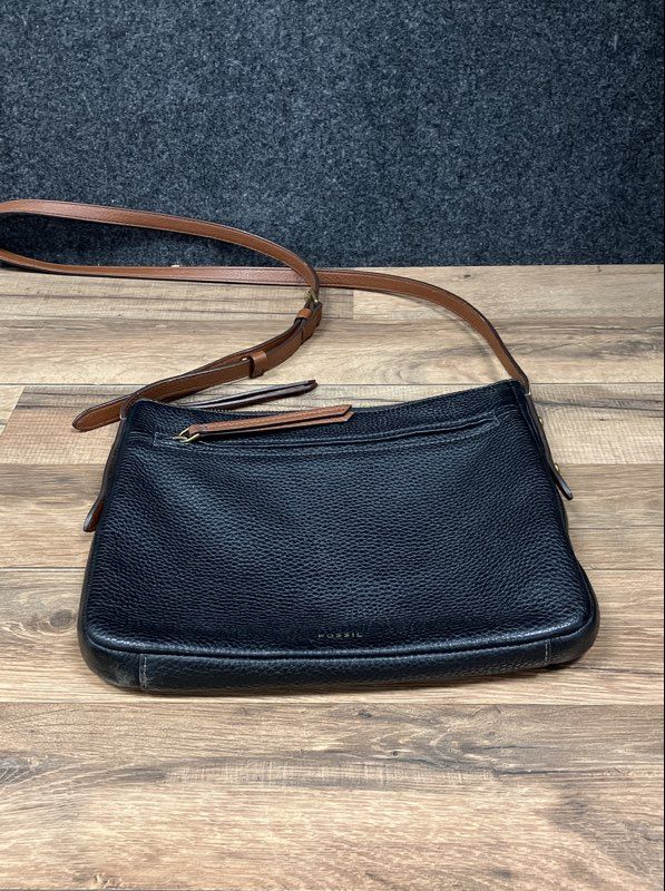 Fossil Black Pebbled Leather Crossbody Bag Brown Adjustable Strap Gold Tone