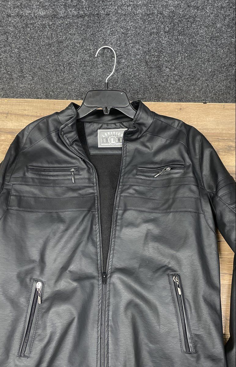 Levitico Men's Black Faux Leather Cafe Racer Full Zip Jacket Fleece Lined Sz L