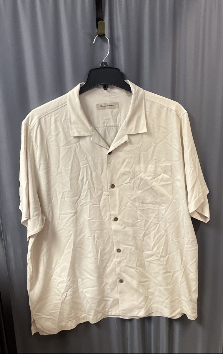 Tommy Bahama Men's Cream Short Sleeve 100% Silk Chevron Texture Camp Shirt XXL