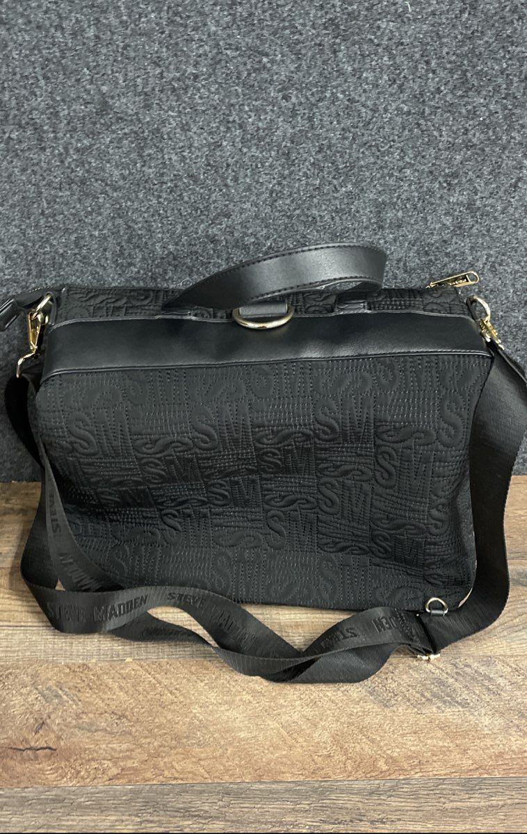 Steve Madden Black Quilted SM Monogram Crossbody Bag Gold Hardware With Pouch