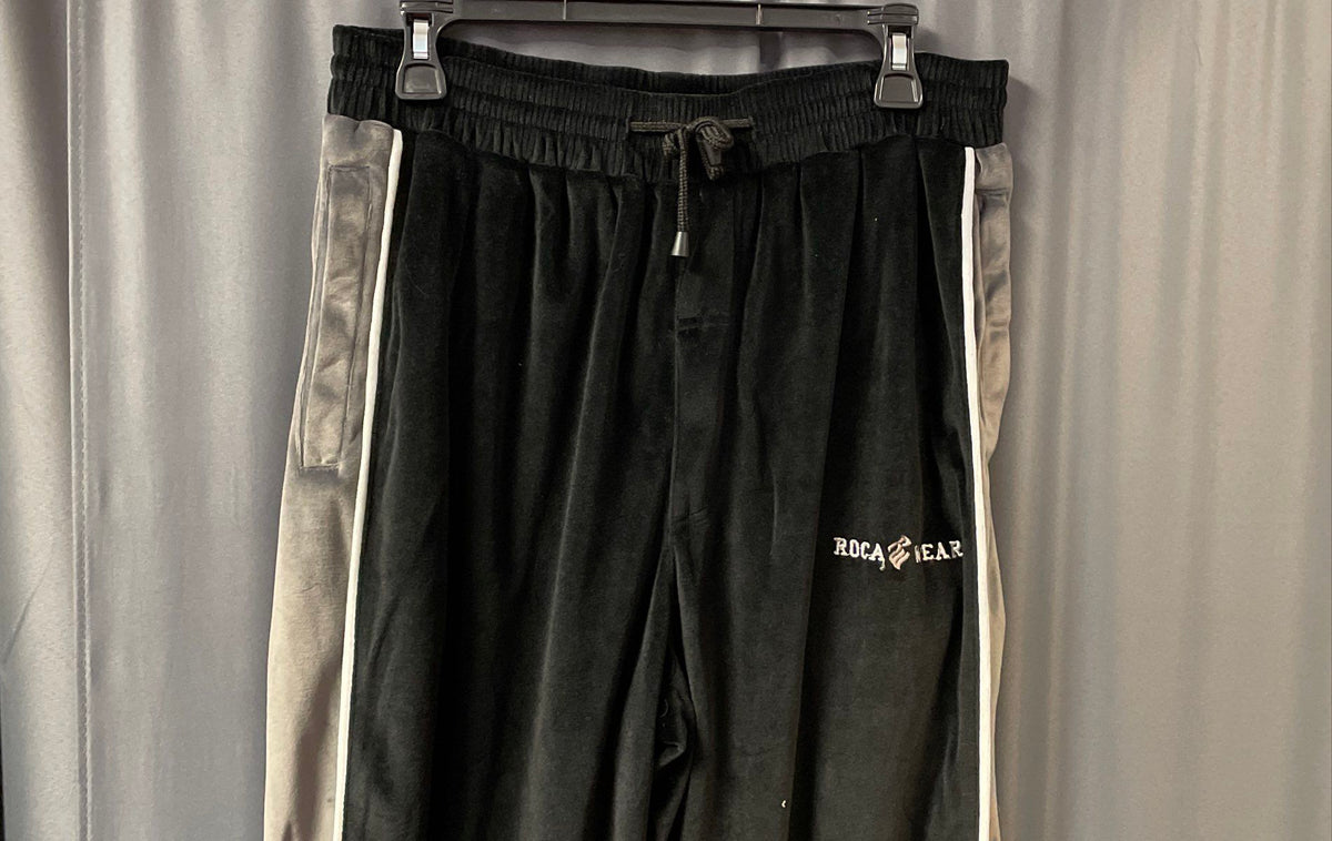 Vintage Y2K Rocawear Men's Black Velour Track Pants Grey Side Stripe Sz L 34x34