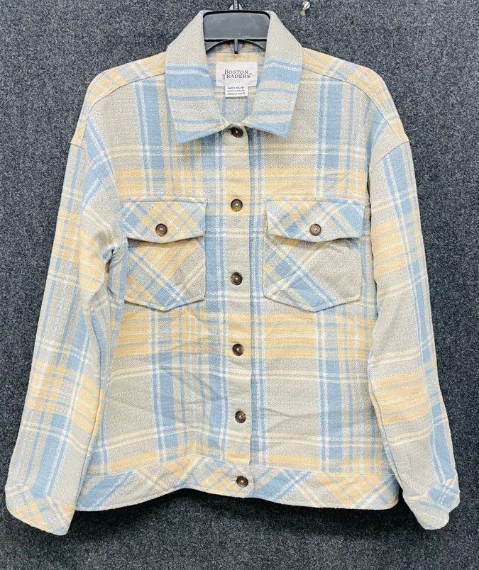 Boston Traders Women's Shirt Jacket Blue Yellow Plaid Wool Blend Size M