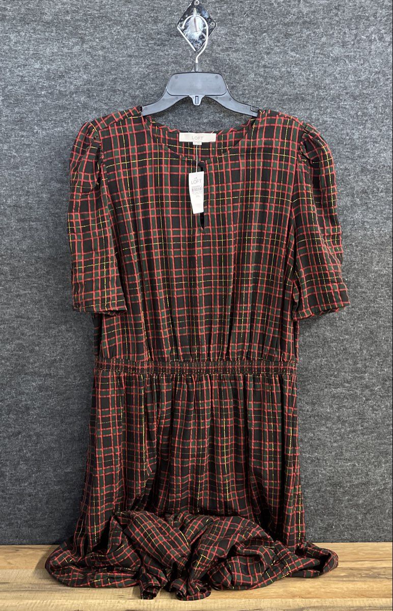 Loft Women's Plaid Metallic Puff Sleeve Keyhole Dress Red Gold Sz XXL NWT