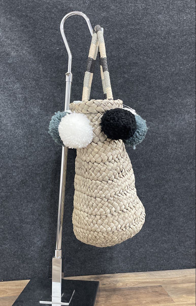 Clements Ribeiro Pop Woven Straw Tote Bag Pom Pom Accents Beige Multi