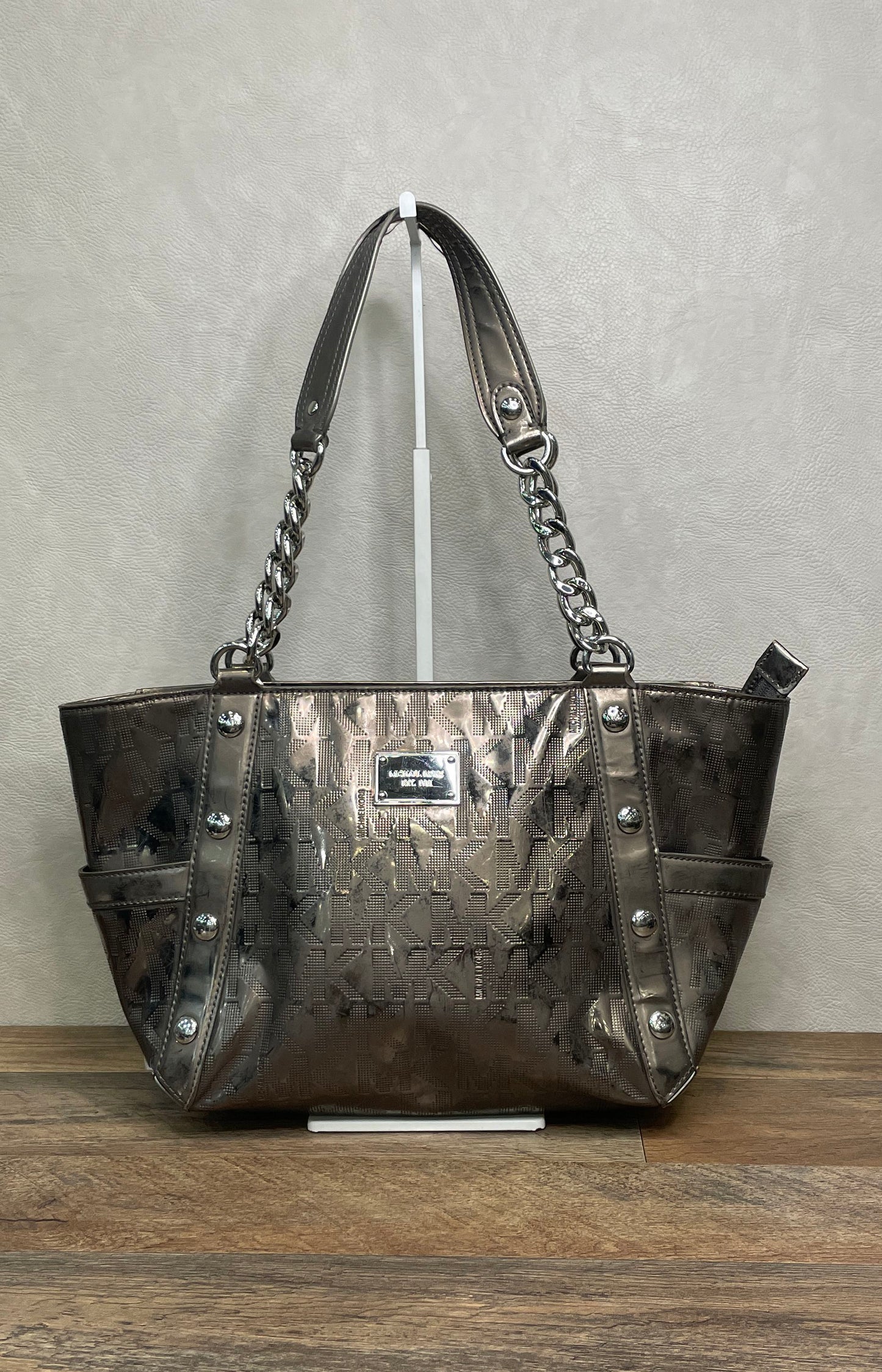 Michael Kors Metallic Pewter Jet Set Chain Shoulder Tote Bag Silver Hardware