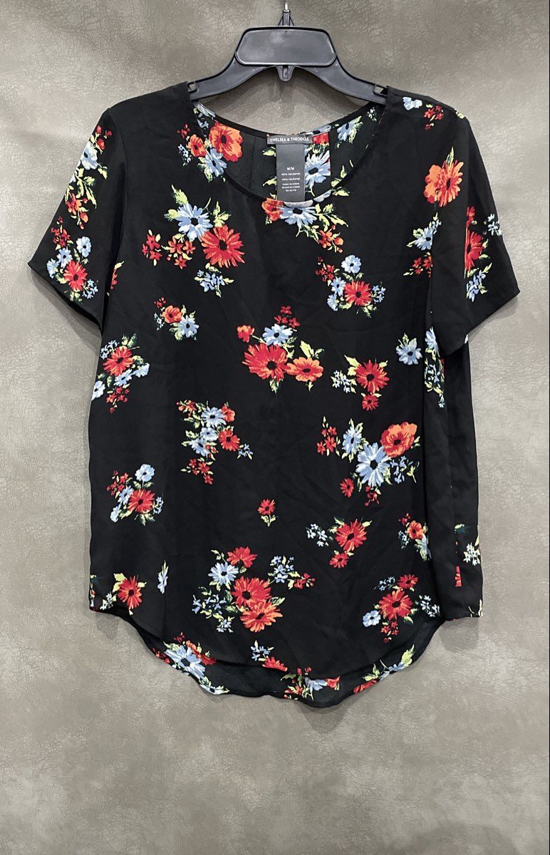 Chelsea and Theodore Women's Black Floral Short Sleeve Blouse Top Sz M