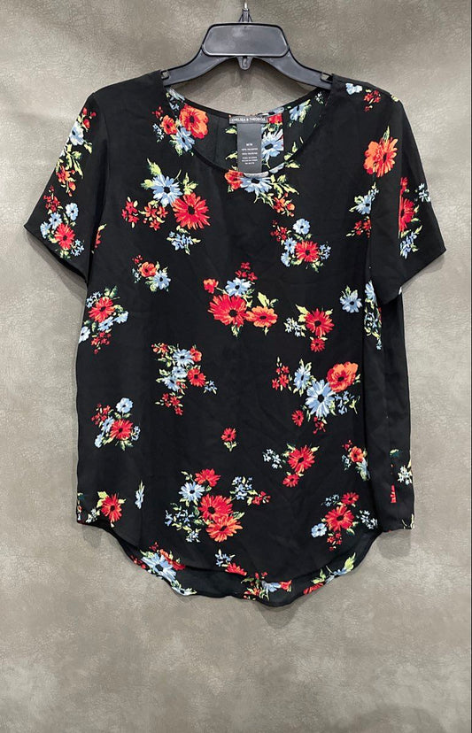 Chelsea and Theodore Women's Black Floral Short Sleeve Blouse Top Sz M
