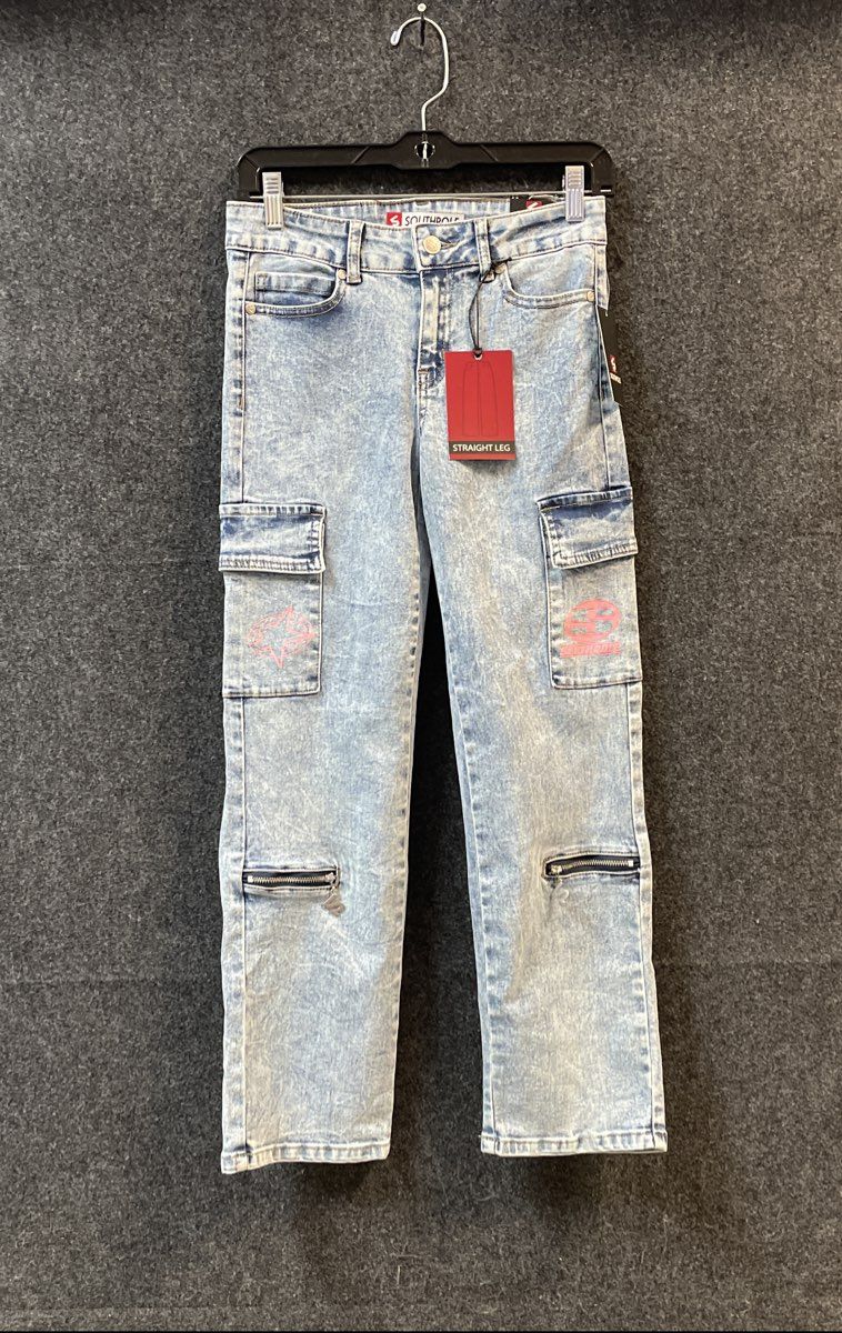 Southpole Boy's Light Cloud Acid Wash Cargo Jeans Straight Leg Zip Knee NWT 14