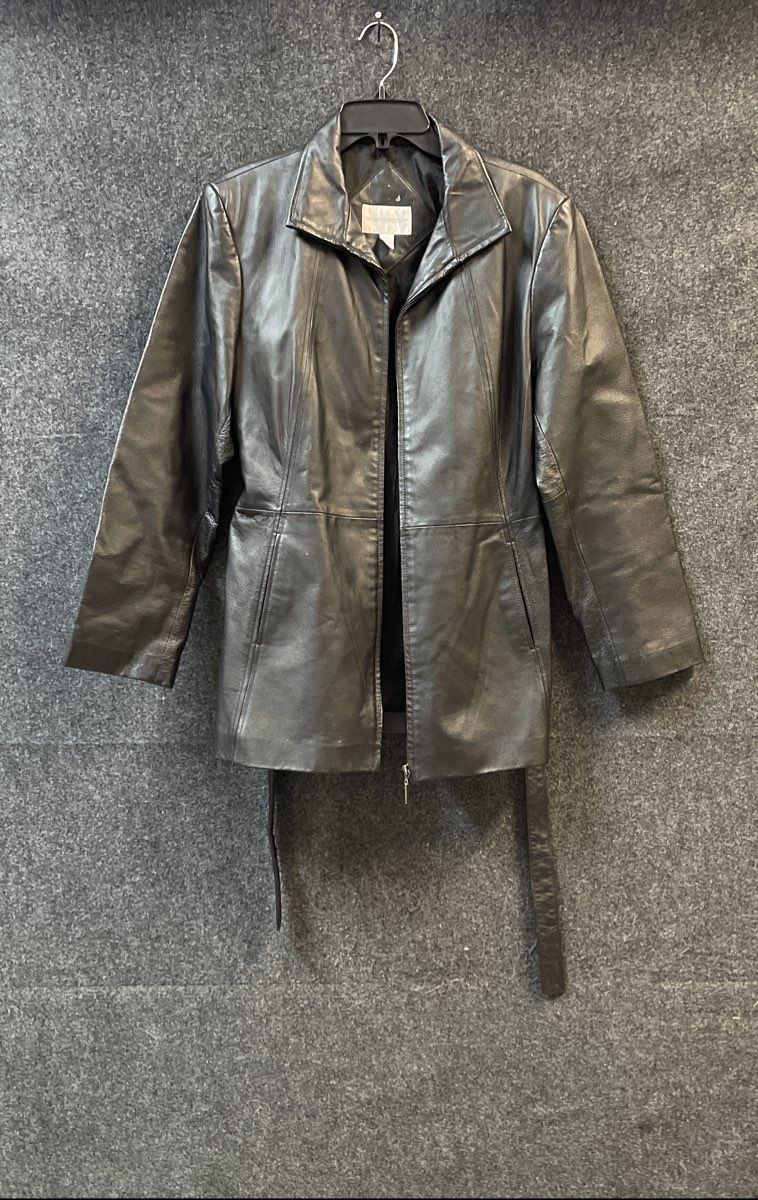 Worthington Women's Black Nappa Leather Belted Zip Jacket Vintage Y2K Sz Large