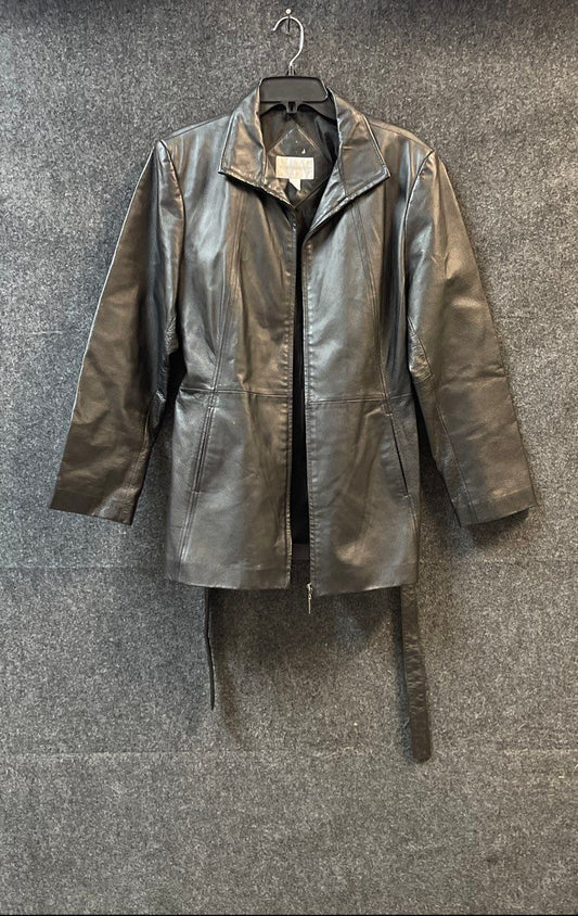 Worthington Women's Black Nappa Leather Belted Zip Jacket Vintage Y2K Sz Large