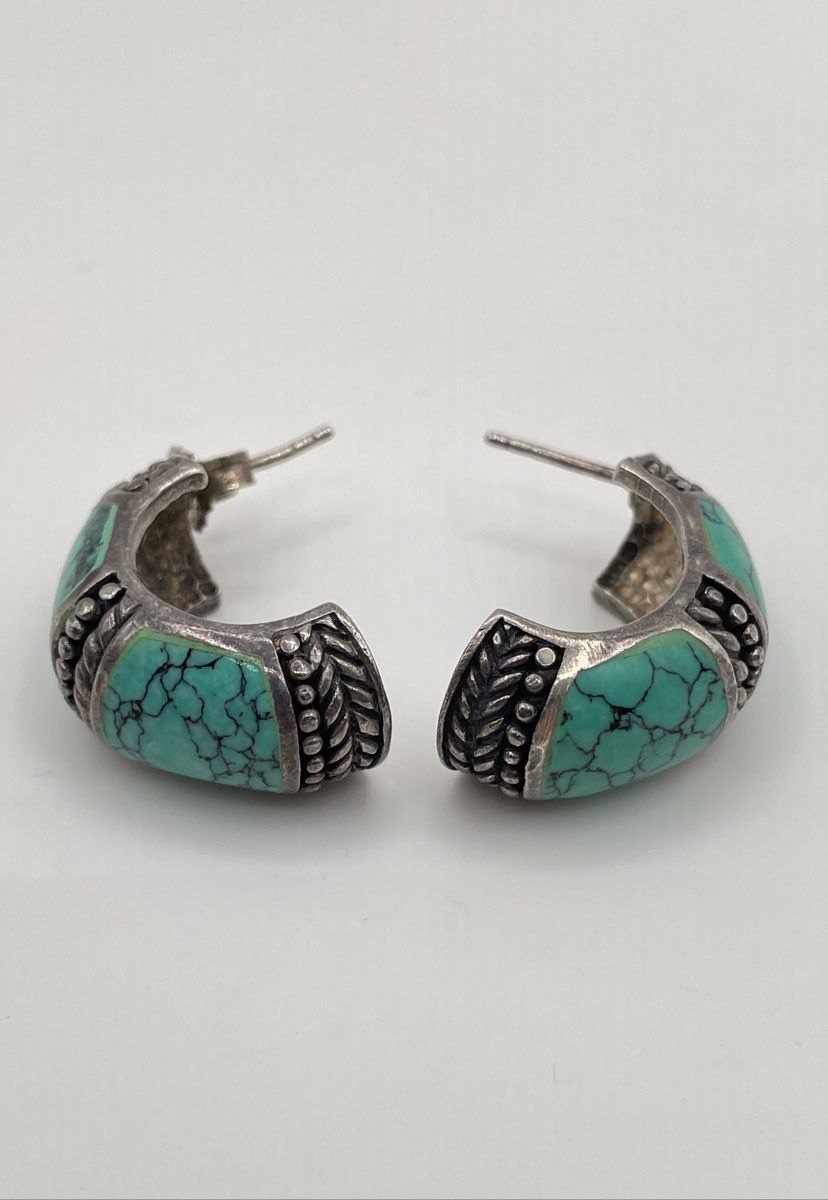 925 Sterling Silver Faux Turquoise Inlay Half-Hoop Earrings 10.5g
