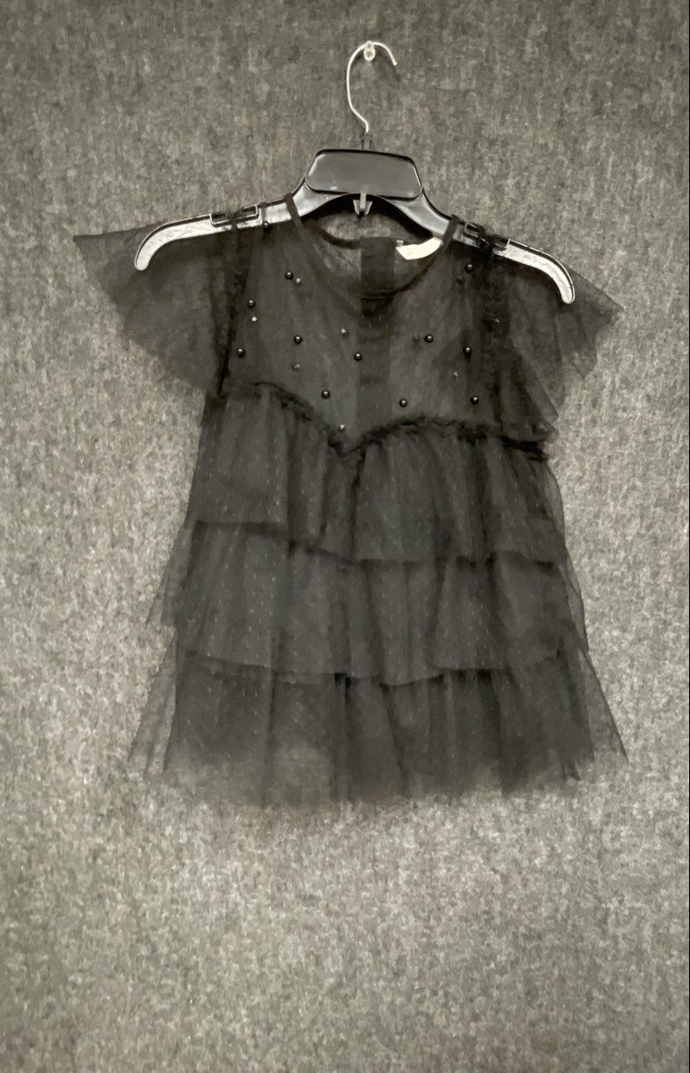 Zara Women's Black Pearl Embellished Tiered Mesh Ruffle Blouse Top Size XS