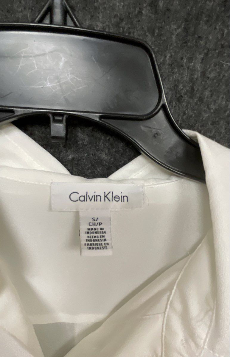 Calvin Klein Women's White Roll Tab Sleeve Button Up Blouse Shirt Sz S