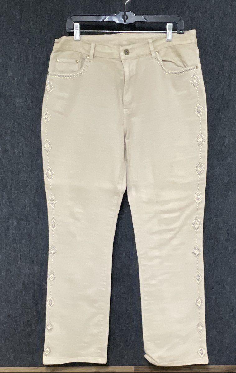 DG2 Diane Gilman Women's Beige Rhinestone Ramie Blend Jacket L Pants 14 Set