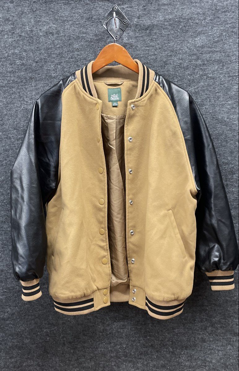 Wild Fable Women's Brown Black Faux Leather Sleeve Bomber Letterman Jacket XS