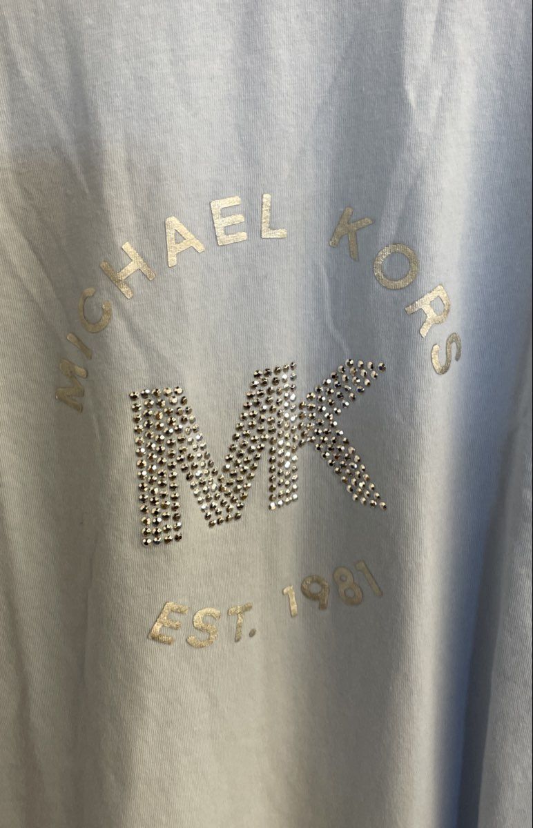 Michael Kors Women's Light Blue Rhinestone Logo Lace Up Shoulder Top Sz L
