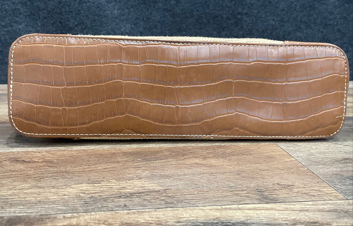 Etienne Aigner Tan Woven Straw Brown Croc Leather Shoulder Bag Small