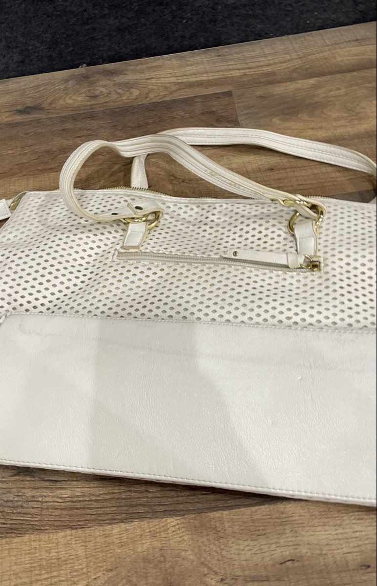 Olivia + Joy White Perforated Laser Cut Tote Shoulder Bag Gold Hardware