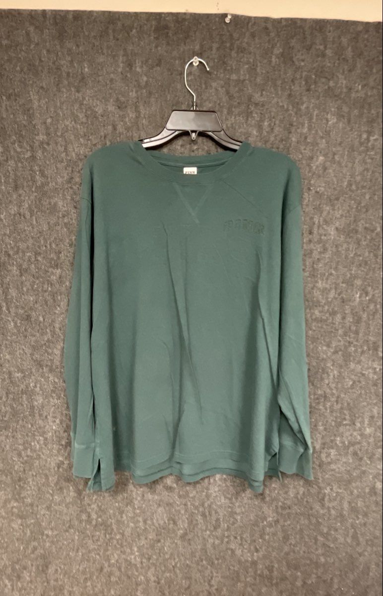 PINK Victoria's Secret Women's Green Long Sleeve Graphic T-Shirt Logo Sz L