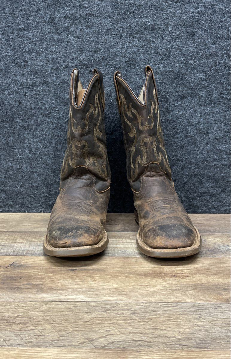 Old West Dark Brown Leather Square Toe Western Cowboy Boots Kids Size 2