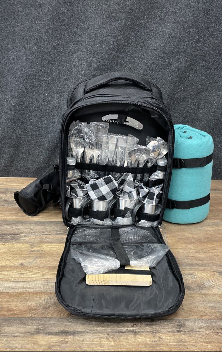 One Savvy Girl Black Picnic Backpack Set 4 Person with Teal Fleece Blanket