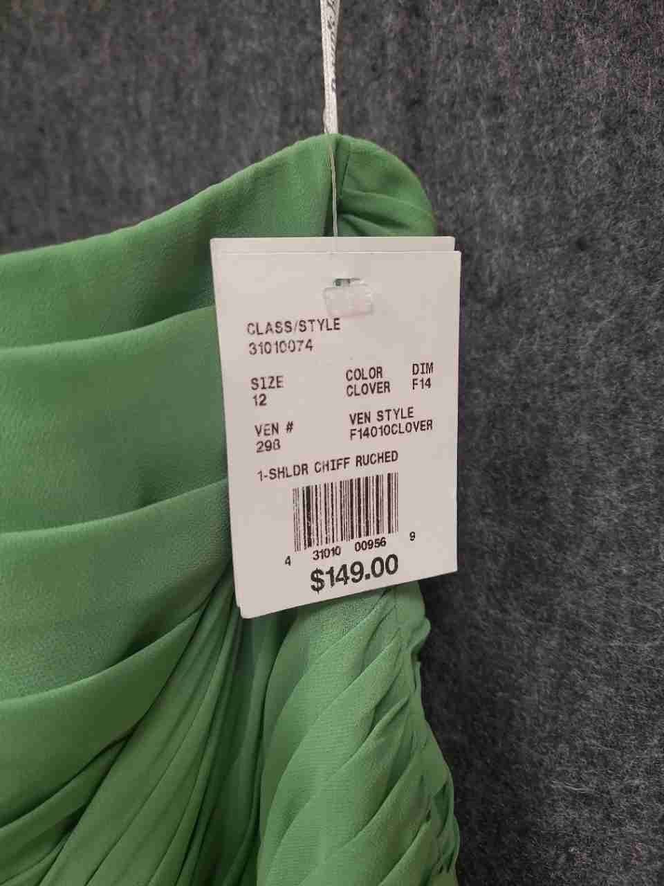 David's Bridal Women's Clover Green One Shoulder Chiffon Ruched Dress Sz 12 NWT