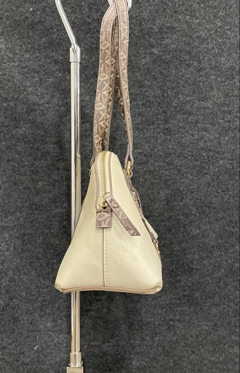 Anne Klein White Pebbled Leather Monogram Strap Shoulder Bag Gold Hardware