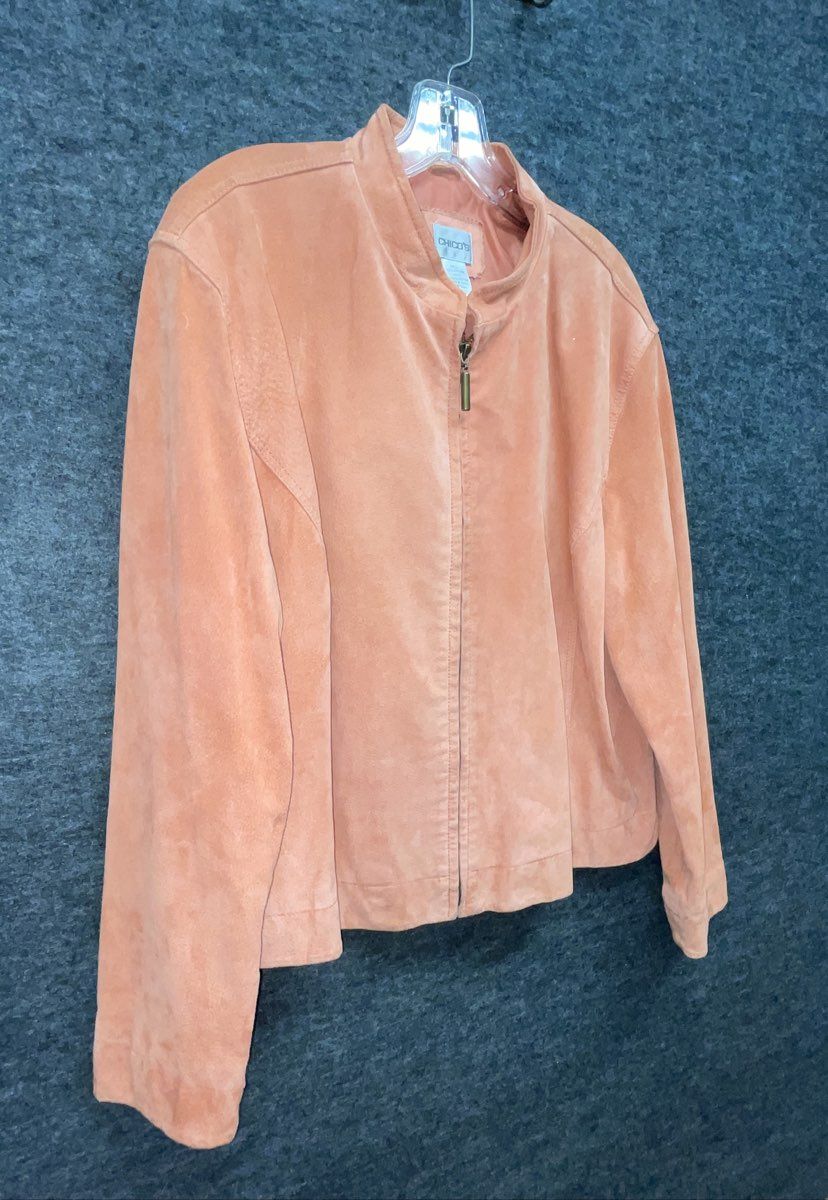Chico's Women's Orange Suede Leather Full Zip Jacket Stand Collar Sz 3