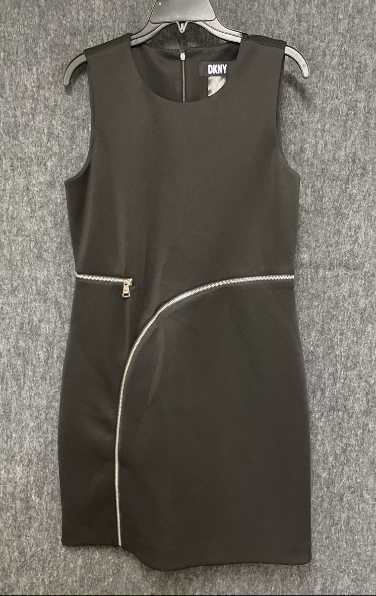 DKNY Women's Black Asymmetric Silver Zipper Sleeveless Sheath Dress Sz 8
