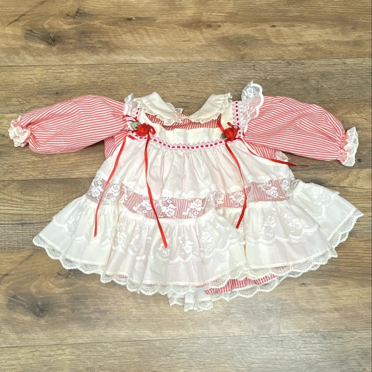 Vintage 80s Bryan Baby Dress Set Red White Striped Lace Pinafore USA Sz 0-3M