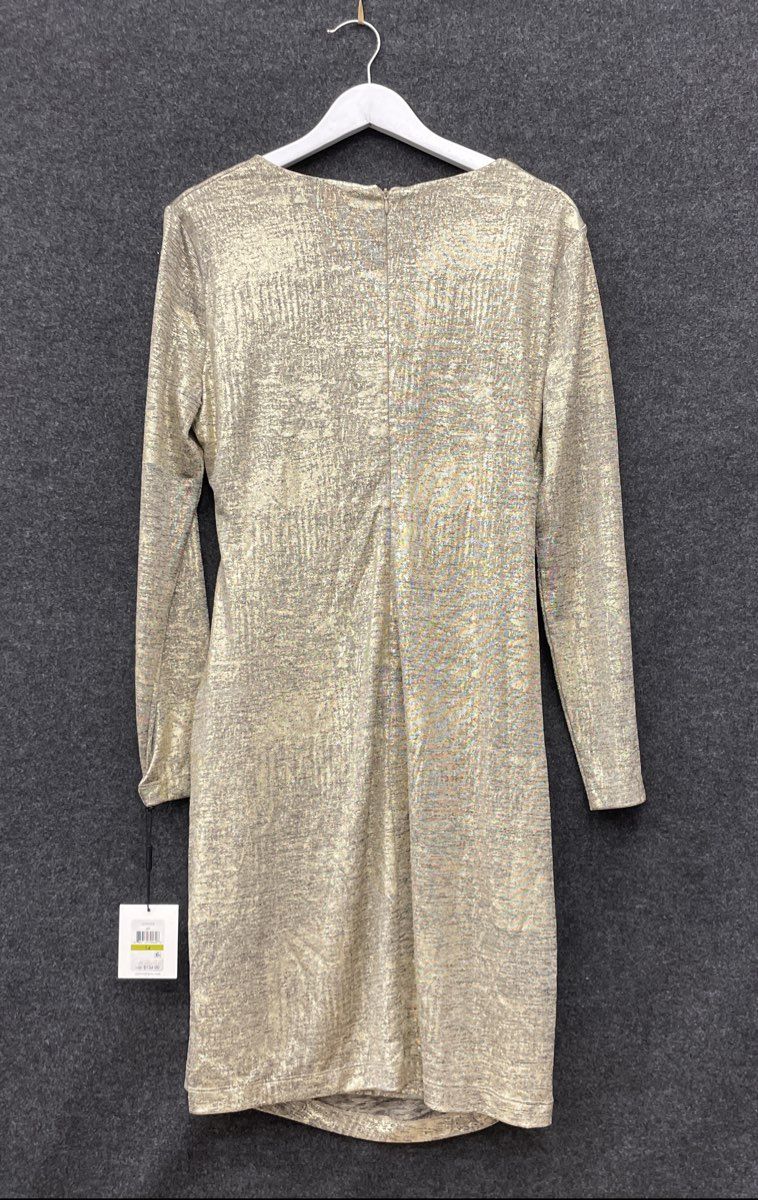 Calvin Klein Women's Gold Shimmer Faux Wrap Long Sleeve Dress NWT Sz 14