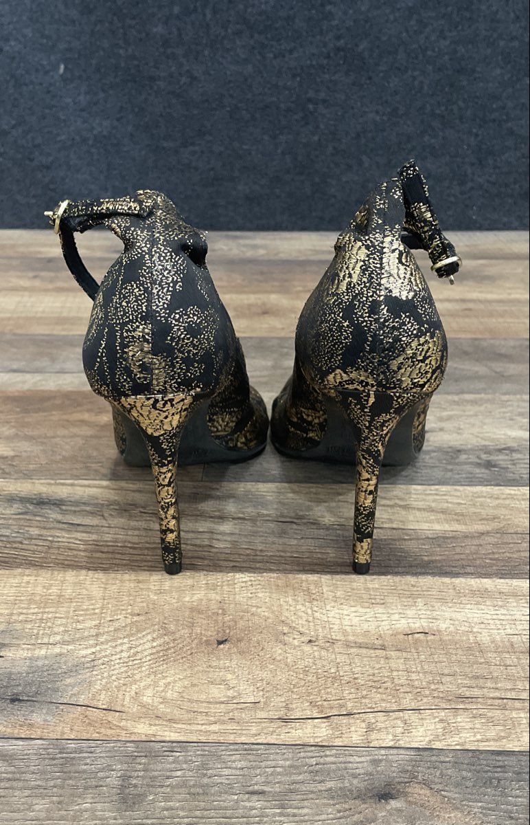 Christian Siriano for Payless Black Gold Floral Ankle Strap Pumps Size 7.5W