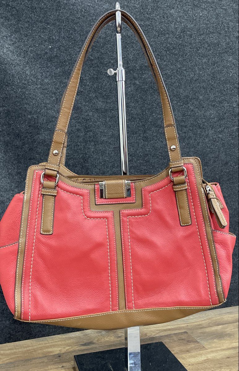 Tignanello Red Brown Pebbled Leather Shoulder Bag Tote Silver Hardware