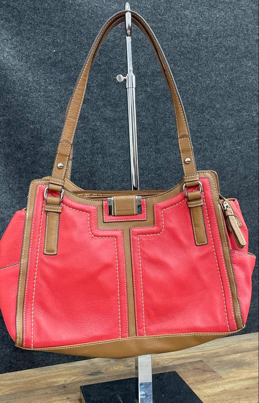 Tignanello Red Brown Pebbled Leather Shoulder Bag Tote Silver Hardware