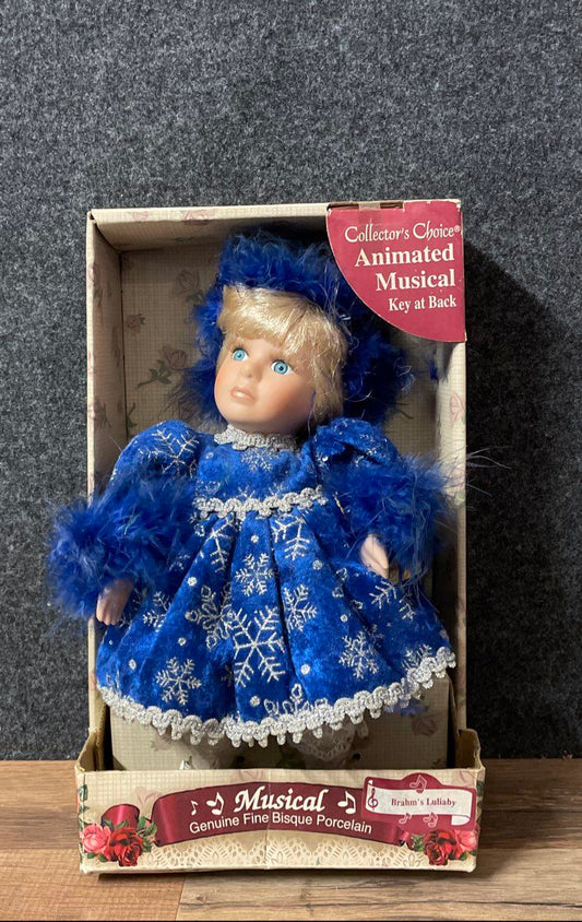 Vintage Collector's Choice Bisque Porcelain Musical Doll Animated Blue Winter