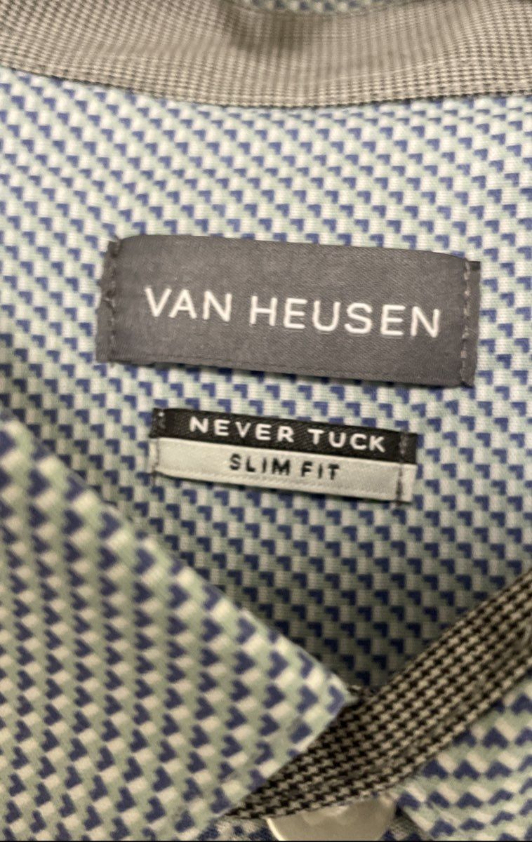 Van Heusen Men's Blue Geometric Never Tuck Slim Fit Short Sleeve Shirt NWT XXL